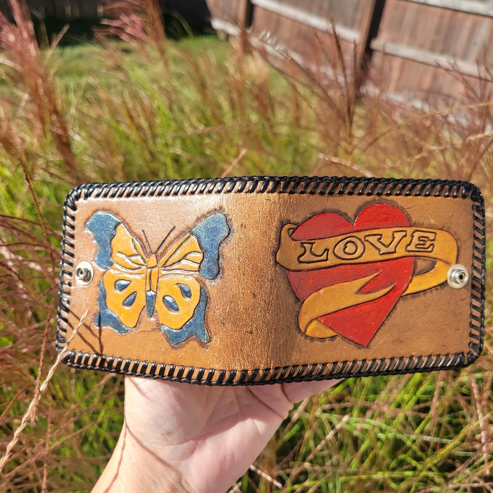 Leather Love & Butterfly Wallet ~ Handcrafted ~ Missing Snap ~ Re-purpose?